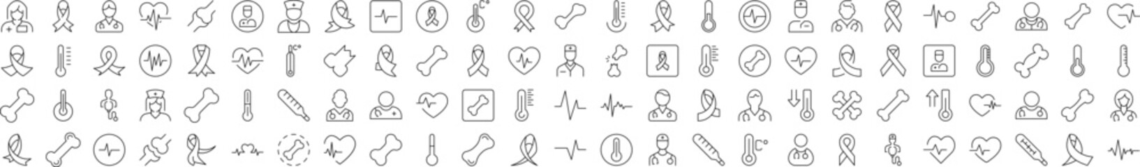 Medicine Icon Pack. Contains Icons of Pink Ribbon, Thermometer, Bone, Doctor, Ill, Cardiogram that Can Be Used for Design of Cards, Posts, Apps, Web Sites