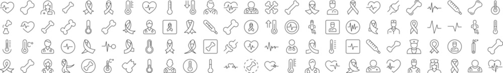 Medicine Outline Simple Icons Bundle. Contains Icons of Pink Ribbon, Thermometer, Bone, Doctor, Ill, Cardiogram that Can Be Used for Design of Cards, Posts, Apps, Web Sites