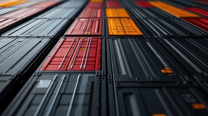 Obraz premium Close-up of shipping containers with barcodes and labels, 3D illustration