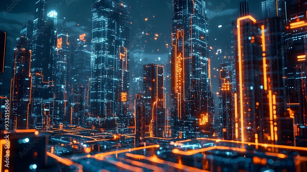 Poster futuristic ai-powered cityscape with glowing circuit lines symbolizing advanced technology