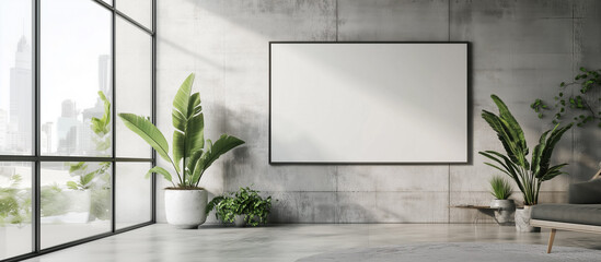 Poster mockup with a frame in a room interior. Artwork or painting framed mock up horizontal in a modern space for interior design presentations, home decor projects, office decor 