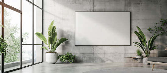 Poster mockup with a frame in a room interior. Artwork or painting framed mock up horizontal in a modern space for interior design presentations, home decor projects, office decor 