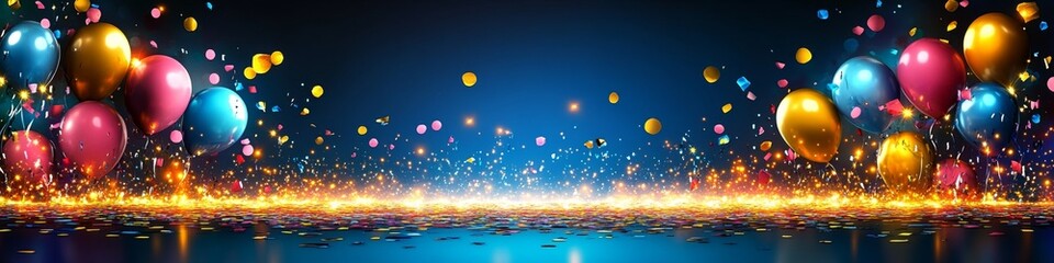 Fototapeta premium Vibrant Abstract Party Background: Festive Celebration with Lights, Confetti, and Balloons. Colorful AI-Generated Design for New Year, Christmas, Anniversaries, and Eco-Friendly Events. Elegant Minima