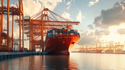 Fototapeta premium Container ship docked in port, large cranes offloading cargo, 3D illustration