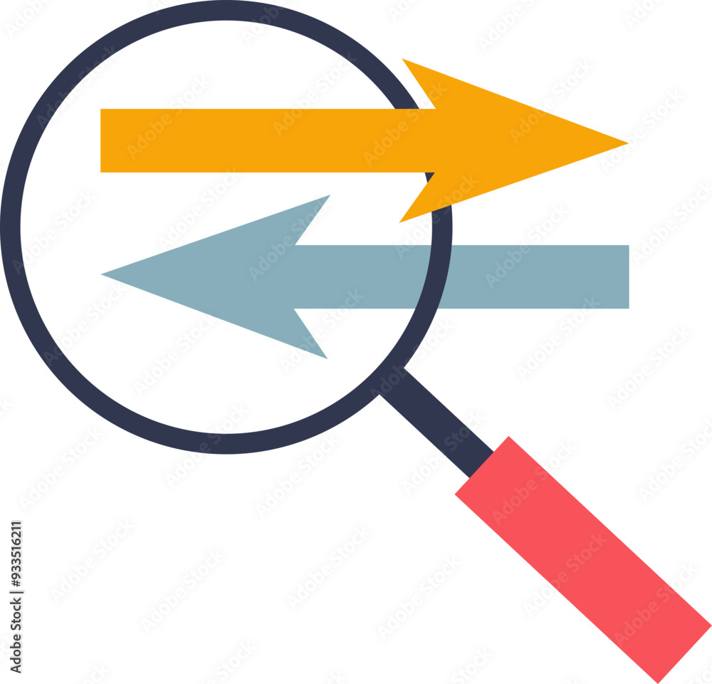 Poster magnifying glass over two arrows pointing in opposite directions, symbolizing comparison or decision