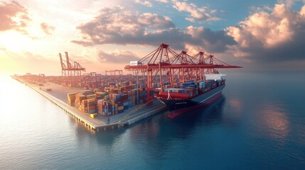 Obraz premium Container ship docked in port, large cranes offloading cargo, 3D illustration