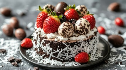 A low-key side view of a chocolate cake adorned with strawberries, bog whortleberry, and chocolate quail eggs, surrounded by coconut flakes and Easter decorations.