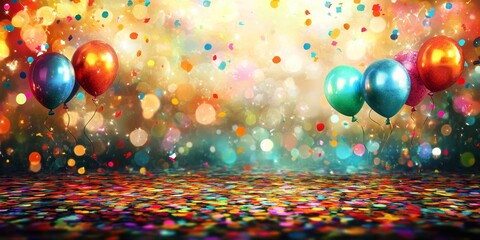 Vibrant Abstract Party Background: Festive Celebration with Lights, Confetti, and Balloons. Colorful AI-Generated Design for New Year, Christmas, Anniversaries, and Eco-Friendly Events. Elegant Minima
