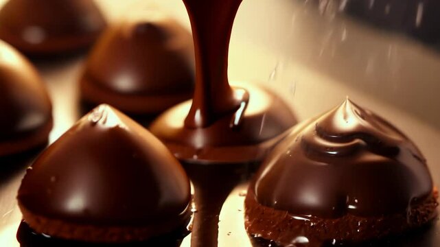 person pouring chocolate onto two small, round choco bon-bons on top of caramel sauce in the shape of sphere