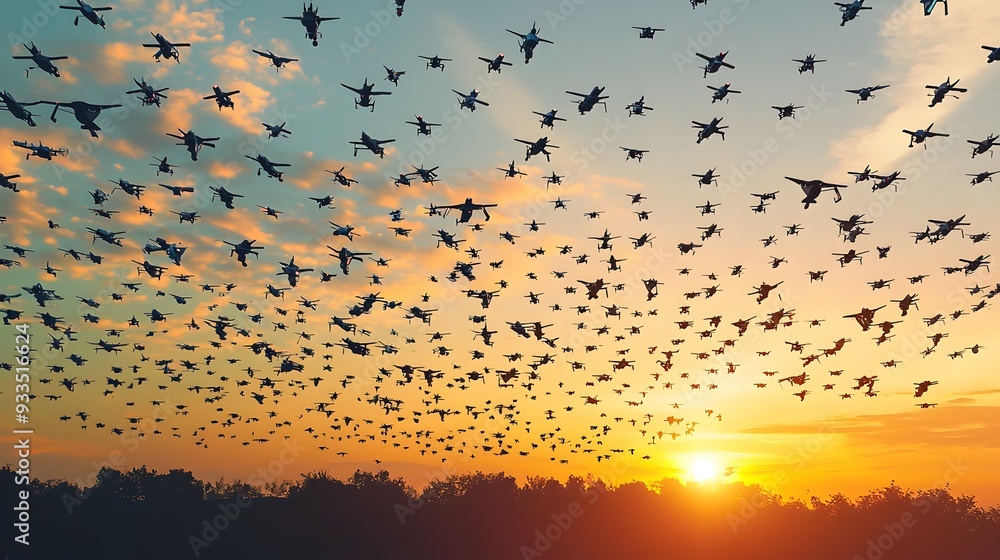 Poster ai-powered drone swarm forming intricate patterns in the sky