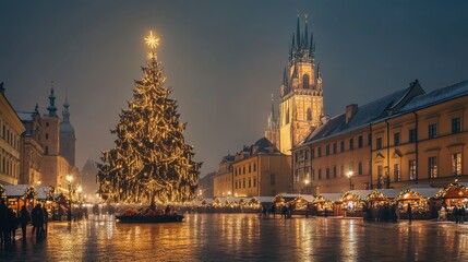 Obraz premium A magical Christmas night in Krakow, Poland, with a glowing Christmas tree and the iconic Cloth Hall casting a festive glow over the Main Market Square.