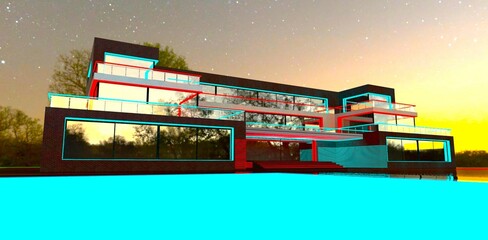 Combination of red and turquoise for nighttime lighting of stylish luxury real estate. Elegant home with a pool. 3D rendering