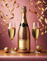 Champagne bottle and glasses with colorful background with confetti, celebration background with copy space, concept of celebration