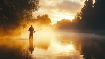 Silhouetted fisherman casting in foggy river at sunrise.
