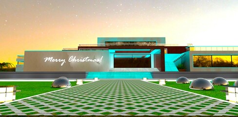 Pedestrian walkway with lawn paving leading to the entrance of a luxurious mansion. Lanterns on either side of the glowing border. Merry Christmas. 3D rendering.