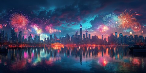 Fireworks illuminate the city skyline, creating vibrant reflections on the water beneath