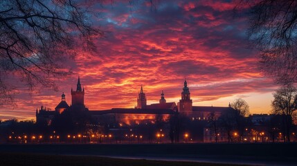 Naklejka premium A magical twilight scene of Wawel Castle, its silhouette outlined against a colorful sky, with soft lights enhancing its historical charm.