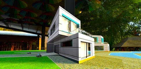 The imaginative design of modern countryside real estate by North Carolina designers. Metal exterior finish blends well with the shaded background. 3D rendering.