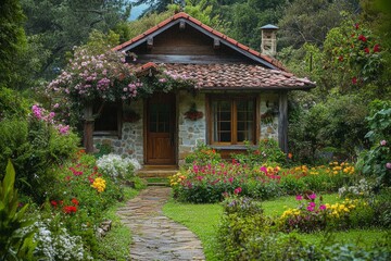 A charming cottage surrounded by vibrant flowers and lush greenery. This idyllic scene evokes a sense of peace and tranquility. Perfect for nature lovers. Generative AI