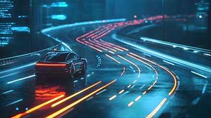 Futuristic Self-Driving Car on Glowing Highway Symbolizing Autonomous Transportation