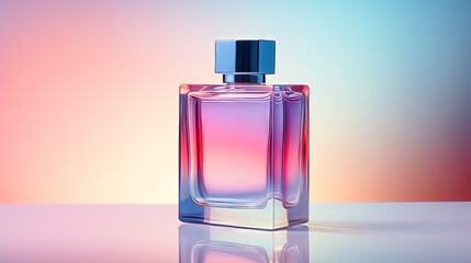 Perfume bottle with on neon light background. Blank perfumery mockup, spa branding concept. Neural network ai generated art