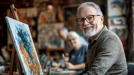  happy senior  is painting in  elderly club illustration.