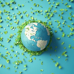 Creative Earth Day Concept: 3D Globe with Leaves for Environmental Awareness. Sustainable Living, Climate Action, and Eco-friendly Design. Minimalist Composition for World Environment Day, Green Energ