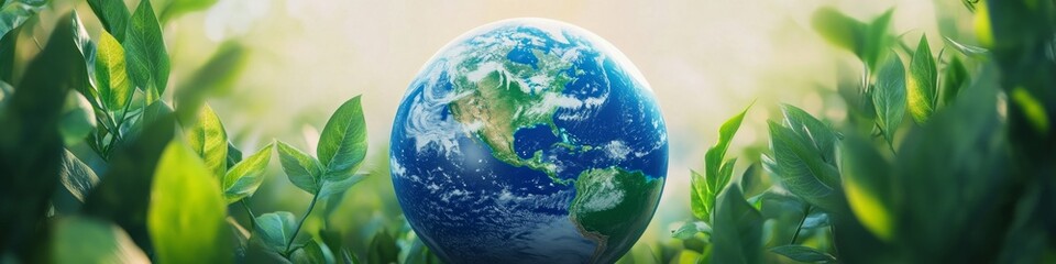 Fototapeta premium Creative Earth Day Concept: 3D Globe with Leaves for Environmental Awareness. Sustainable Living, Climate Action, and Eco-friendly Design. Minimalist Composition for World Environment Day, Green Energ