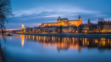 Fototapeta premium A panoramic shot of Wawel Castle in Krakow during twilight, with the castle glowing against the backdrop of a deepening blue sky and the tranquil Vistula River.