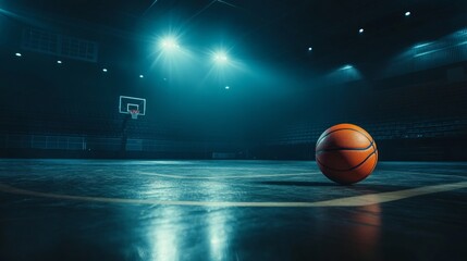 Basketball on a Dark Court Under Spotlight