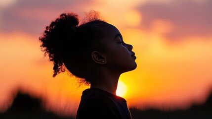 Silhouette of a young girl praying, eyes lifted to the sky, with the sunset casting a golden glow on her peaceful expression.