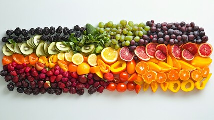Colorful Fruits and Vegetables Arranged Artistically on White Background