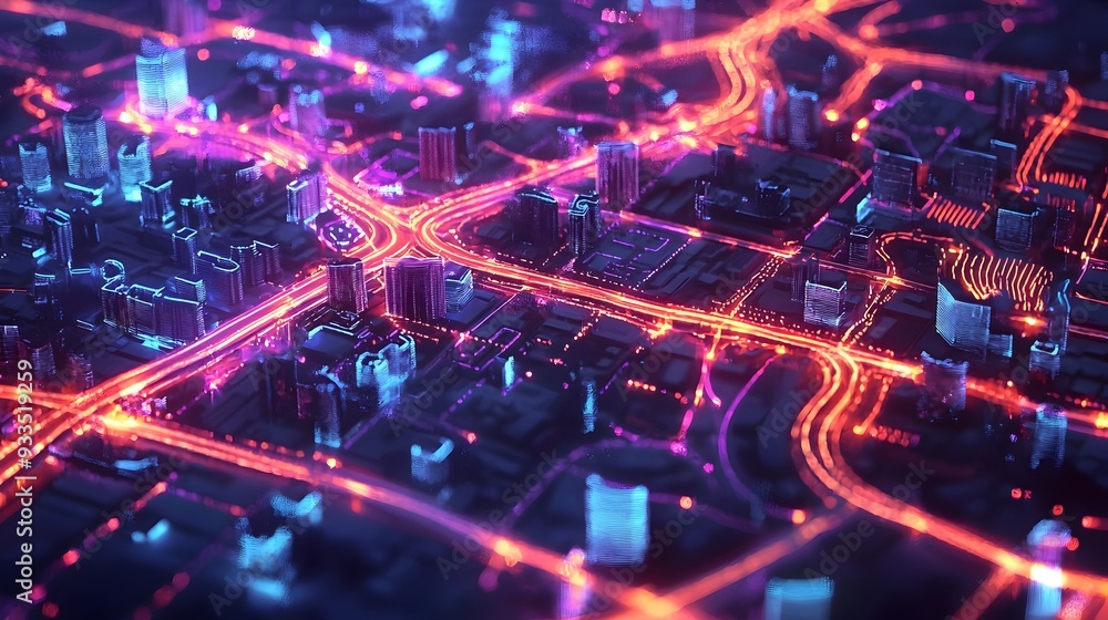 Poster futuristic digital city map with ai-powered traffic management and optimized routes