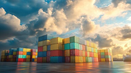 Shipyard with stacked containers and distant ships, cloudy sky, 3D illustration