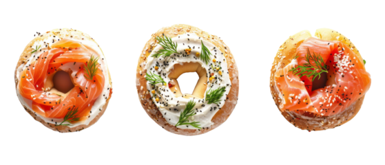 Set of isolated reakfast bagel with cream cheese and smoked salmon on transparent background. cut flower elements, garden themed designs. Top view high qual