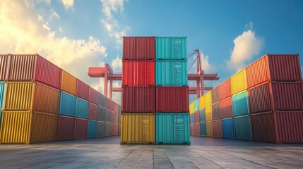 Fototapeta premium Stacked shipping containers with industrial cranes in background, 3D illustration 