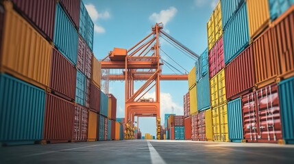 Fototapeta premium Stacked shipping containers with industrial cranes in background, 3D illustration 