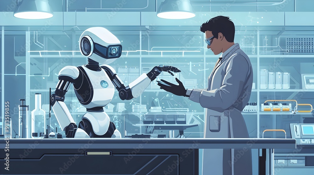 Aufkleber ai-powered robotic assistant aiding scientist in high-tech lab for innovative research