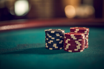 Fototapeta premium Close-up of stacked poker chips in varying colors, illuminated by moody casino lighting, representing the stakes and thrill of gambling. 