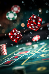 A close-up of a craps table capturing dice mid-air, with poker chips in the background, highlighting the excitement of gambling.
