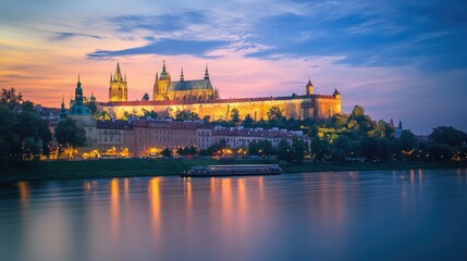 Naklejka premium A picturesque view of Wawel Castle at dusk, with the twilight sky casting a gentle glow over the castle and the surrounding cityscape.