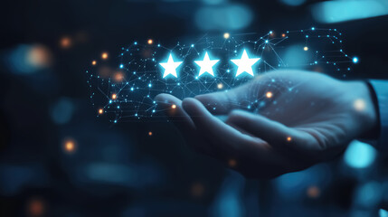 A virtual screen for a customer service review and performance review of efficient work or a business plan using online technology, against a dark blue background with copy space