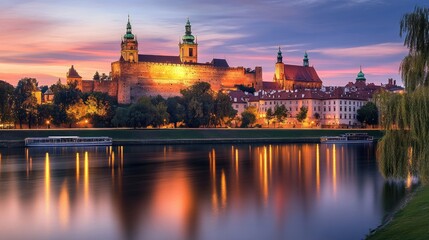Obraz premium A picturesque view of Wawel Castle at dusk, with the twilight sky casting a gentle glow over the castle and the surrounding cityscape.