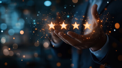 A virtual screen for a customer service review and performance review of efficient work or a business plan using online technology, against a dark blue background with copy space