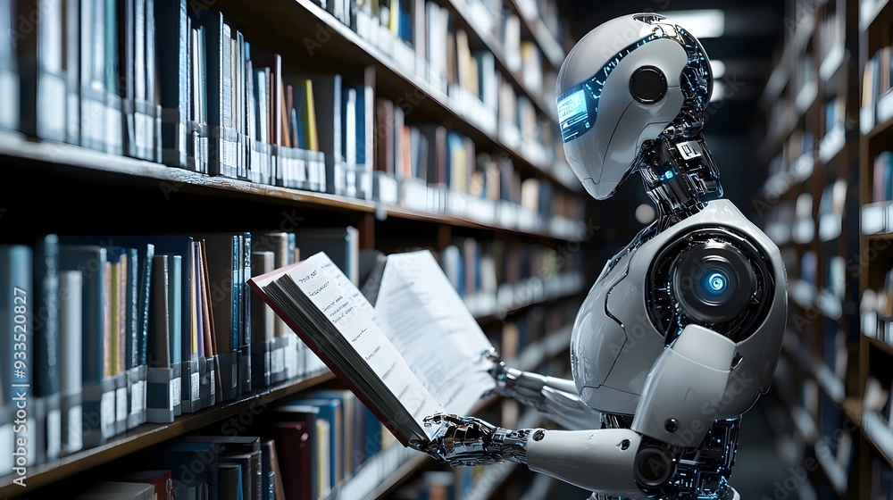 Poster ai-powered robot librarian organizing a vast digital library for knowledge management