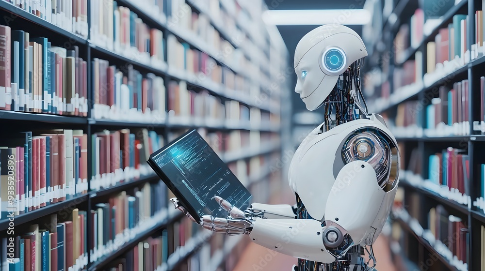 Poster ai-powered robot librarian organizing a vast digital knowledge repository
