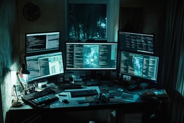 Naklejka premium A high-tech workspace with multiple monitors displays data and code. The room is dimly lit, showcasing a modern digital aesthetic. Ideal for tech themes and innovations. Generative AI