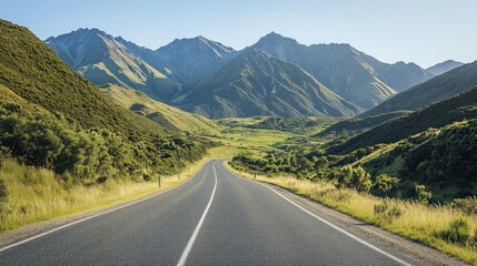 Naklejka premium A road running parallel to a mountain range, with lush green valleys and a clear sky overhead.