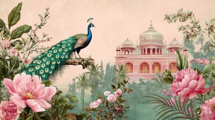 Wedding invitation card in pastel pink and green, featuring an Indian palace, peacock, and lush floral elements