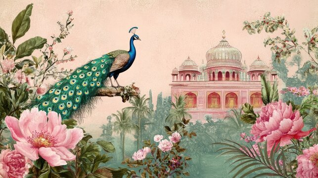 Wedding invitation card in pastel pink and green, featuring an Indian palace, peacock, and lush floral elements - Powered by Adobe
